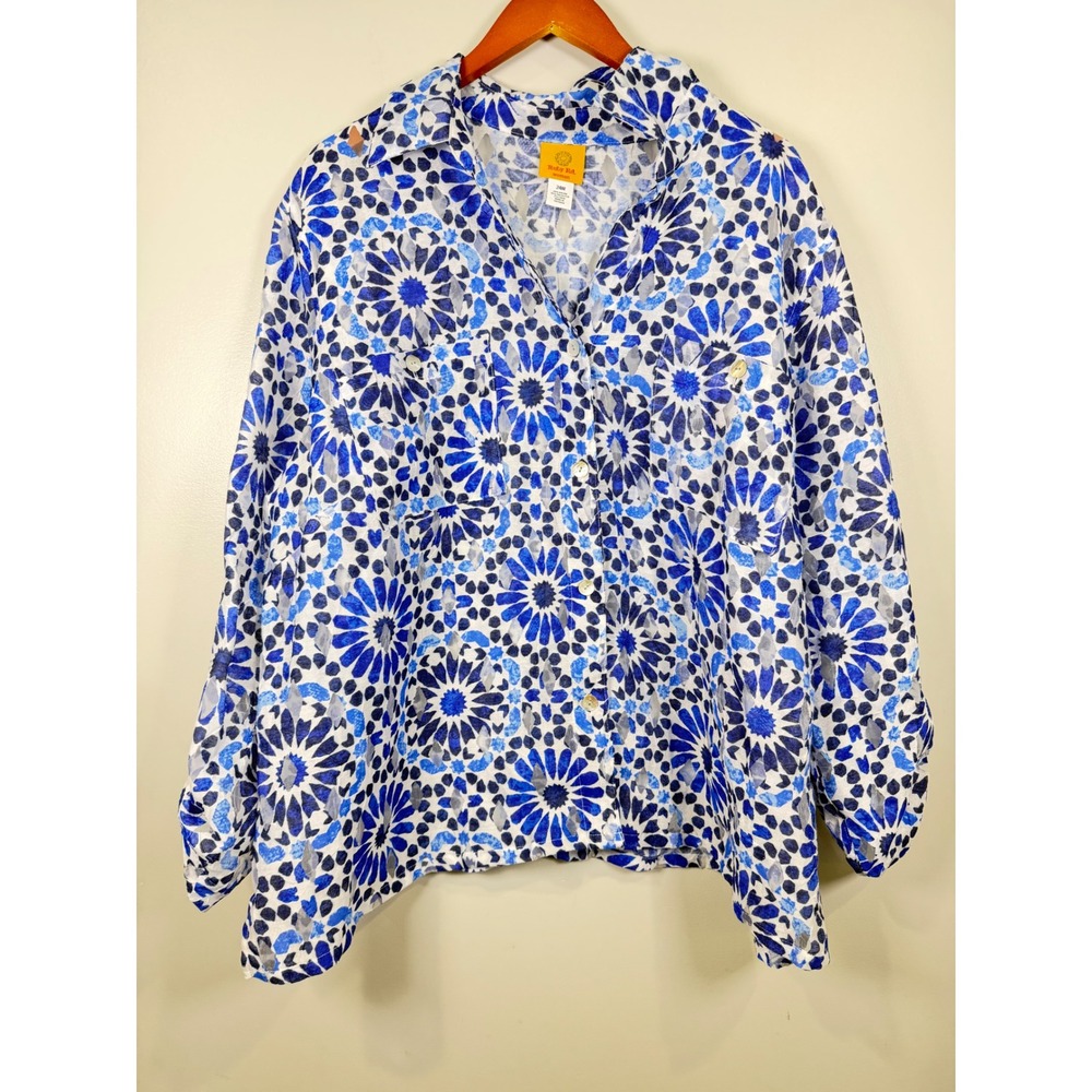 Ruby Rd Womens‎ Button Down Shirt 24W  Sheer Floral Mosaic Boho Spring Causal
